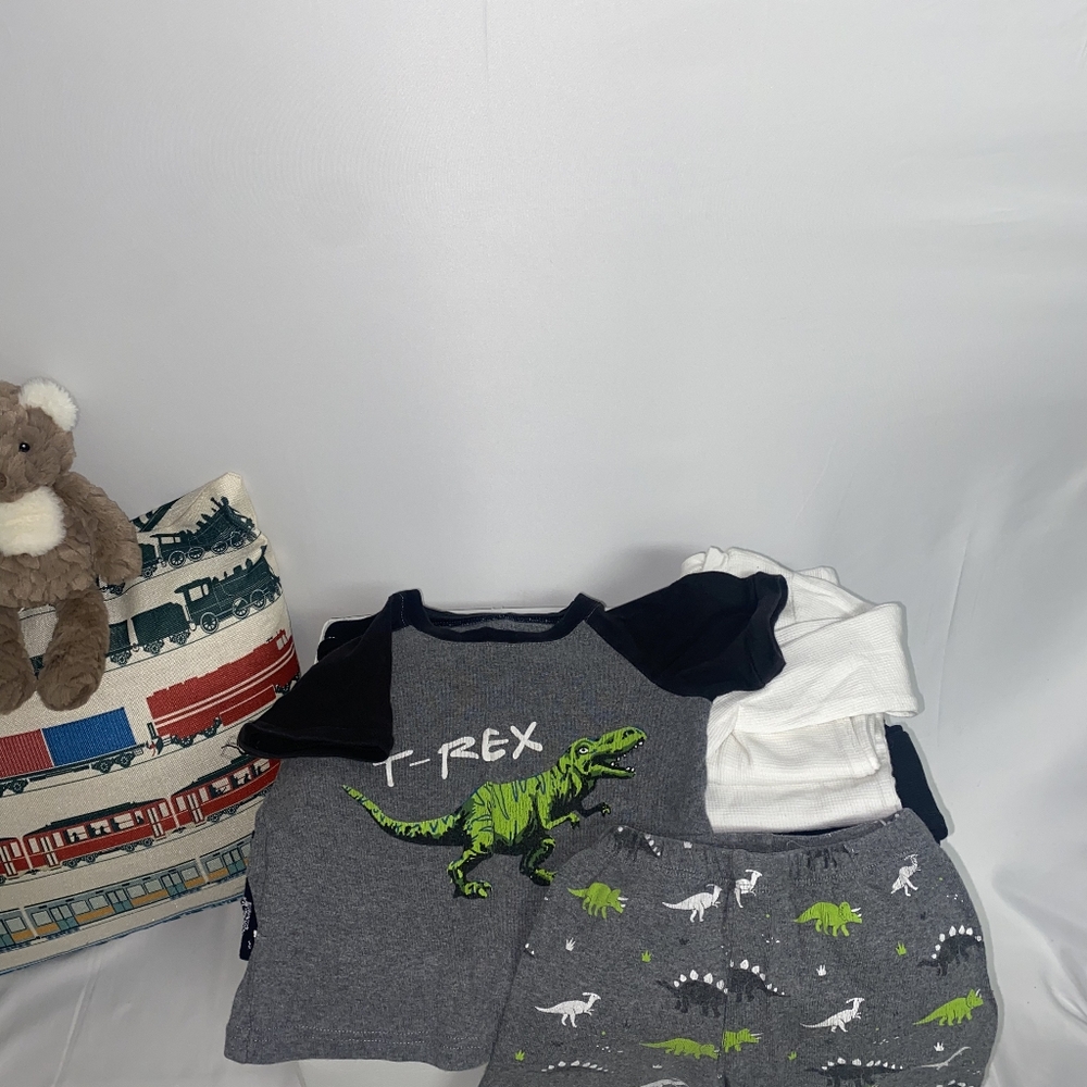 Kids Pajama Sets (4 Pairs) - Black, Gray, Green, White, T-Rex Design and Thermo